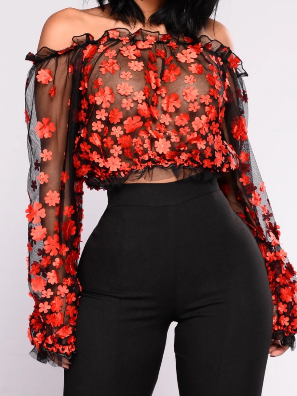 Fashion Nova Tessa Off Shoulder Embroidered Mesh Top Black/Red